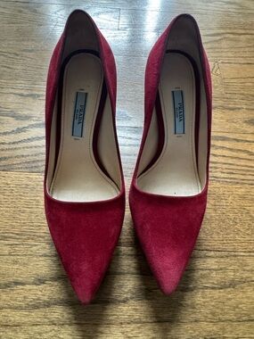 Prada Suede Platform Pumps Red Pointed Toe Heels Size 36